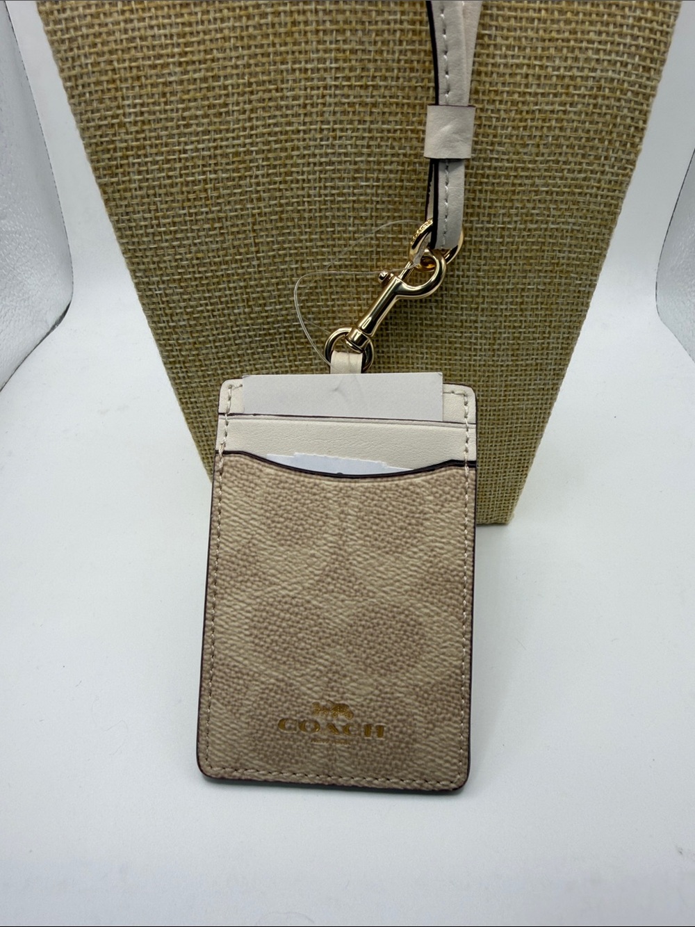 Coach Two-Tone Beige and Cream Leather ID Holder with Lanyard